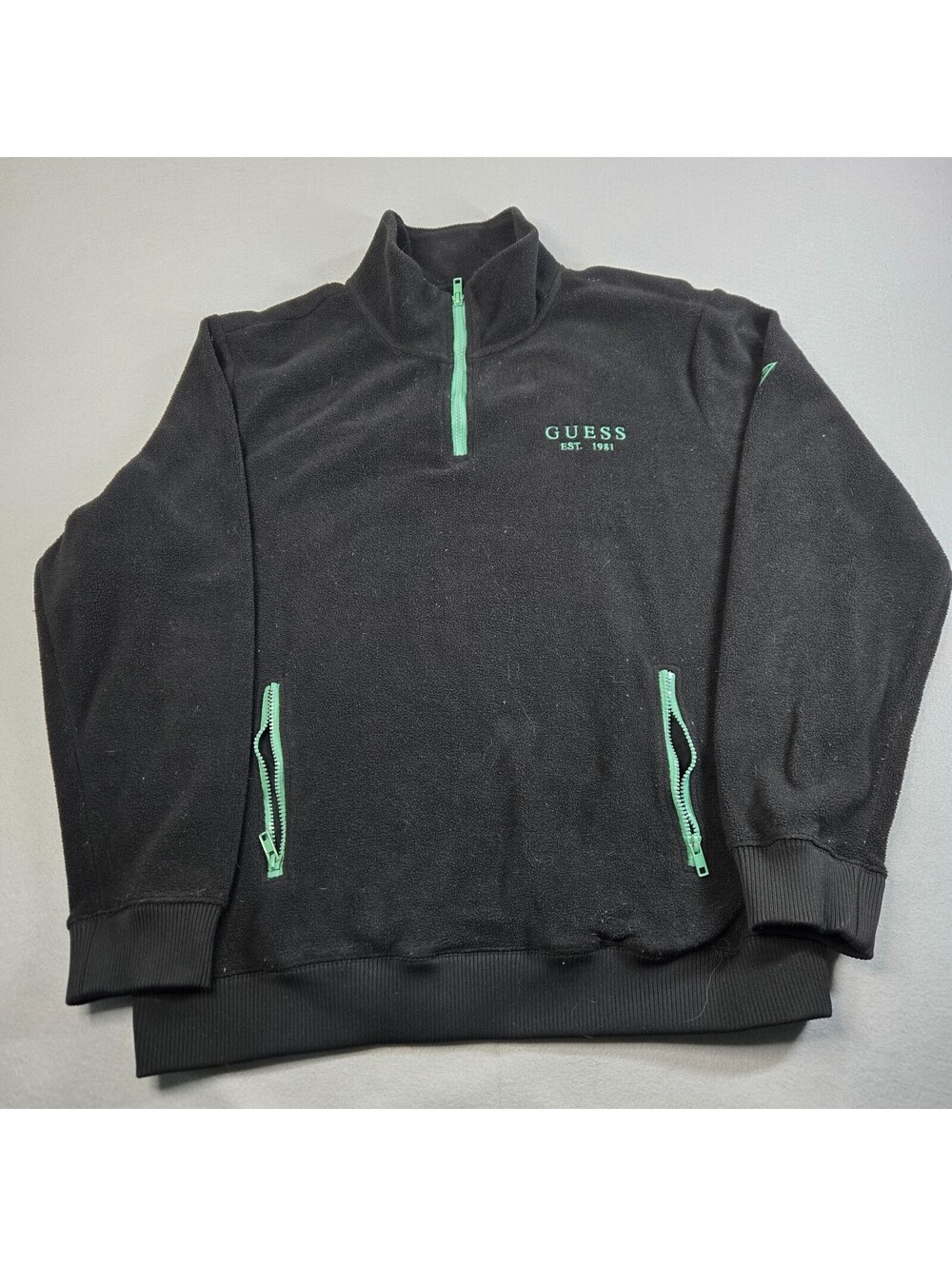 Guess Mens XL Black 1/4 Zip Fleece Pullover Jacket Mint Green Trim Gorpcore